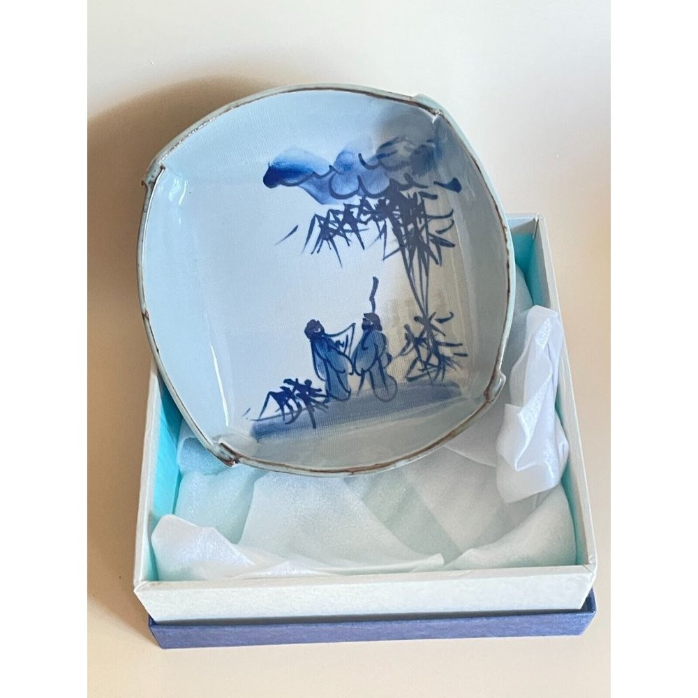 Vintage Japanese Blue White Glazed Pottery Stone Ware Bowl Boxed Signed - Picture 3 of 8
